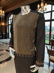 Men’s Black Afghan Traditional Kameez with Gold Mirror Work – Formal Wear XL. Minor Imperfection – Special Discount