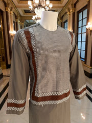 Large Taupe Brown Afghan Parahan Tunban with Machine Embroidered Chestnut & White Geometric Panel – Men’s Traditional Wear