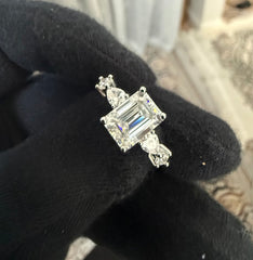 Size 9 Emerald Cut Moissanite Engagement Ring | Three-Stone Promise Ring for Women. 6018