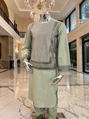 Medium Sage Green Parahan Tunban with Brown Embroidery | Premium Afghan Traditional Wear