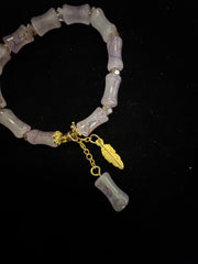 Lilac Marbled Stretch Bead Bracelet with Gold-Tone Leaf Charm