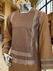 Medium Brown Parahan Tunban with White Embroidery | Traditional Afghan Men’s Wear