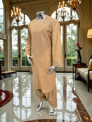 Large Golden Tan Afghan Parahan Tumban with Matching Khamak-Style V-Pattern Embroidery – Men’s Traditional Wear