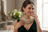 Luxury Silver Tone Green Kundan Choker Necklace Set – 3 Piece Indian Pakistani Bridal Jewelry with Earrings & Maang Tikka 024