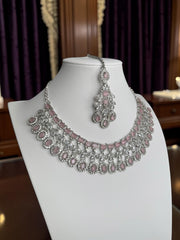 Luxury Blush Pink American Diamond Bridal Jewelry Set with Maang Tikka | Premium Brass Statement Collar Necklace, Earrings & Gift Box Included 6032