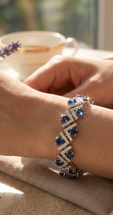 Royal Blue Crystal Geometric Chevron Bracelet – Silver Tone Statement Jewelry 7100