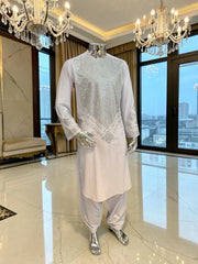 Medium White Cotton-Poly Shesha Mirror Work 2-Piece Afghan Outfit – Traditional Men’s Wear