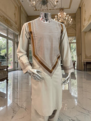 Medium Men’s Cream Parahan Tunban with Premium Machine Embroidery