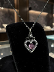 Pink Heart Pendant Necklace – Silver Tone Sparkling Stone Love Necklace for Women 7065