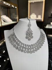 Luxury Clear American Diamond Bridal Jewelry Set with Maang Tikka | Premium Brass Statement Necklace & Earrings Gift Box Included 6034