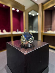 Vintage Turkish Inspired Signet Ring with Cubic Zirconia Stone – Silver Plated Two-Tone Men’s & Unisex Statement Ring – Available in Black, Green, Red, Gold, Navy & Blue