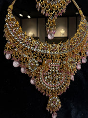 Pink Indian Pakistani Afghan Bridal Jewelry Set with Earrings & Maang Tikka | Gold Tone Crystal Rhinestone Necklace Set 7012