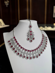 Luxury Ruby Red American Diamond Bridal Jewelry Set with Maang Tikka | Premium Brass Statement Necklace & Earrings Gift Box Included 6038