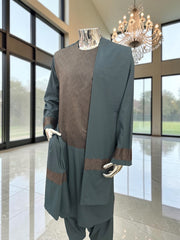 X-Large Men’s Slate Teal & Bronze Embroidered 3-Piece Parahan Tunban with Matching Tunban & Shawl | Afghan Traditional Outfit 7222