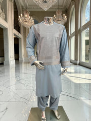 Large Men’s Light Blue Afghan Parahan Tunban with Khamakdozi-Inspired Machine Embroidery 7201