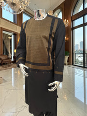 Large Black & Gold Afghan Parahan Tunban Set – Premium Machine Embroidery Traditional Outfit