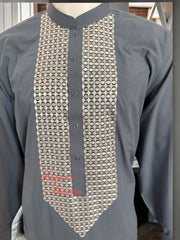 Men’s Grey Parahan Tumban with White Hand Khamak Embroidery – Elegant Afghan Traditional Outfit, XXL