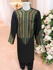 Afghan Parahan Tunban for Men Black Gold and Green Shesha Mirror Work Machine Embroidered Large