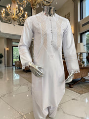 X-Small to Small Men’s White Afghan Parahan Tunban – Handmade Gold Embroidery on Chest & Sleeves