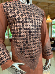 Small Men’s Caramel Brown Parahan Tumban with White & Tan Embroidery | Luxury Afghan Outfit with Matching Shawl