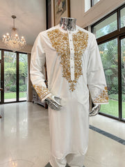 Handmade Afghan Selmadozi Embroidered Men’s Perahan Tunban – Luxury Traditional Formal Outfit – Available in Black, Ivory & White
