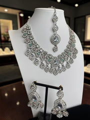 Silver Tone Pastel Crystal Bridal Necklace Set with Earrings & Maang Tikka | Indian Pakistani Afghan Wedding Jewelry | Gift Box Included 6026-2