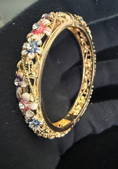Gold-Tone Floral Enamel Openable Bangle Bracelet for Women