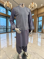 Men’s Grey Parahan Tumban with Matching Machine Embroidery – Traditional Afghan Outfit, Medium