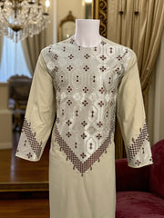 Sage Green Men’s Kameez with Brown and Matching Sage Machine Embroidery – Large