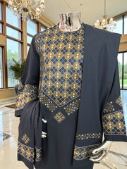 Small Midnight Blue Afghan Parahan Tunban Set – Premium Hand Embroidery with Matching Shawl patto