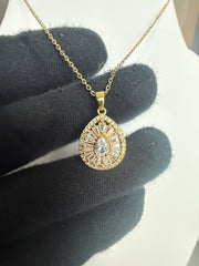 Pear Cut Crystal Halo Pendant Necklace – Gold Tone Stainless Steel Teardrop Necklace 7159