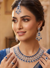Luxury Navy Blue American Diamond Bridal Jewelry Set with Maang Tikka | Premium Brass Statement Necklace & Earrings | Gift-Ready Jewelry Box Included 6035
