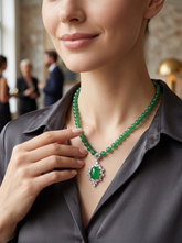 Natural Green Agate Beaded Necklace with Oval Pendant – Silver-Plated Brass and Zirconia Accent Statement Jewelry 6009