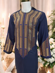 Afghan Parahan Tunban for Men Navy Gold and Blue Shesha Mirror Work Machine Embroidered Medium