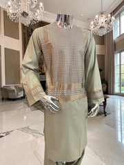 Large Sage Green Afghan Parahan Tunban with Gold and Brown Embroidery | Traditional Men’s Afghan Outfit