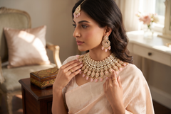 Luxury Gold Tone Kundan Choker Necklace Set with Pink Stones & Earrings – Indian Pakistani Bridal Wedding Jewelry 026