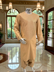 Large Golden Tan Afghan Parahan Tumban with Matching Khamak-Style V-Pattern Embroidery – Men’s Traditional Wear