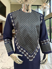 Medium Midnight Navy Hand Embroidered Afghan Parahan Tunban Set with Matching Chadder