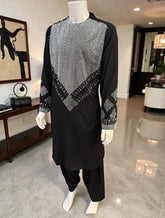 Men’s Black Parahan Tunban – White Shesha (Mirror) Style Embroidery on Chest & Sleeves | Afghan Traditional Outfit Small
