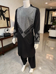 Men’s Black Parahan Tunban – White Shesha (Mirror) Style Embroidery on Chest & Sleeves | Afghan Traditional Outfit Small
