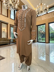 Medium Men’s Mocha Brown Hand Embroidered Afghan Parahan Tunban Set with Matching Shawl