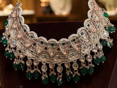 Emerald Green Kundan Bridal Jewelry Set with Earrings & Maang Tikka | Rose Gold Indian Pakistani Afghan Wedding Necklace 6046