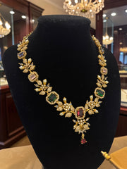 Luxury Gold Tone Floral Necklace & Earrings Set | Alloy Brass Metal | Green & Burgundy Crystal Statement Jewelry | Gift-Ready Black Jewelry Box Included 6070