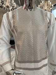 Small Off White Machine Embroidery Yakhan Parahan Tunban – Premium Afghan Traditional Outfit