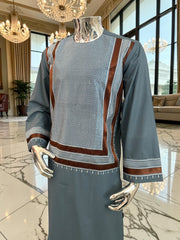 Medium Steel Blue Parahan Tunban with White & Brown Embroidery | Premium Afghan Traditional Wear
