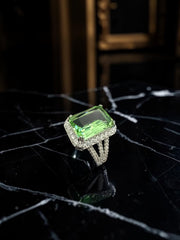 Green Crystal Statement Ring for Women – Silver Plated Halo Cocktail Ring with Split Band GR13
