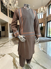 Small Taupe Brown Embroidered Men’s Parahan Tunban Yakhandozi – Premium Traditional Kandahari Yakhan