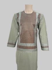 Men’s Pistachio Green Kameez with Brown and Matching Machine Embroidery – Afghan Traditional Wear | Luqmaan Boutique (Medium)