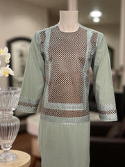 Men’s Pistachio Green Kameez with Brown and Matching Machine Embroidery – Afghan Traditional Wear | Luqmaan Boutique (Medium)