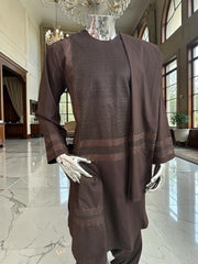 Medium Premium Dark Brown Machine Embroidered Parahan Tunban Set with Matching Pattu